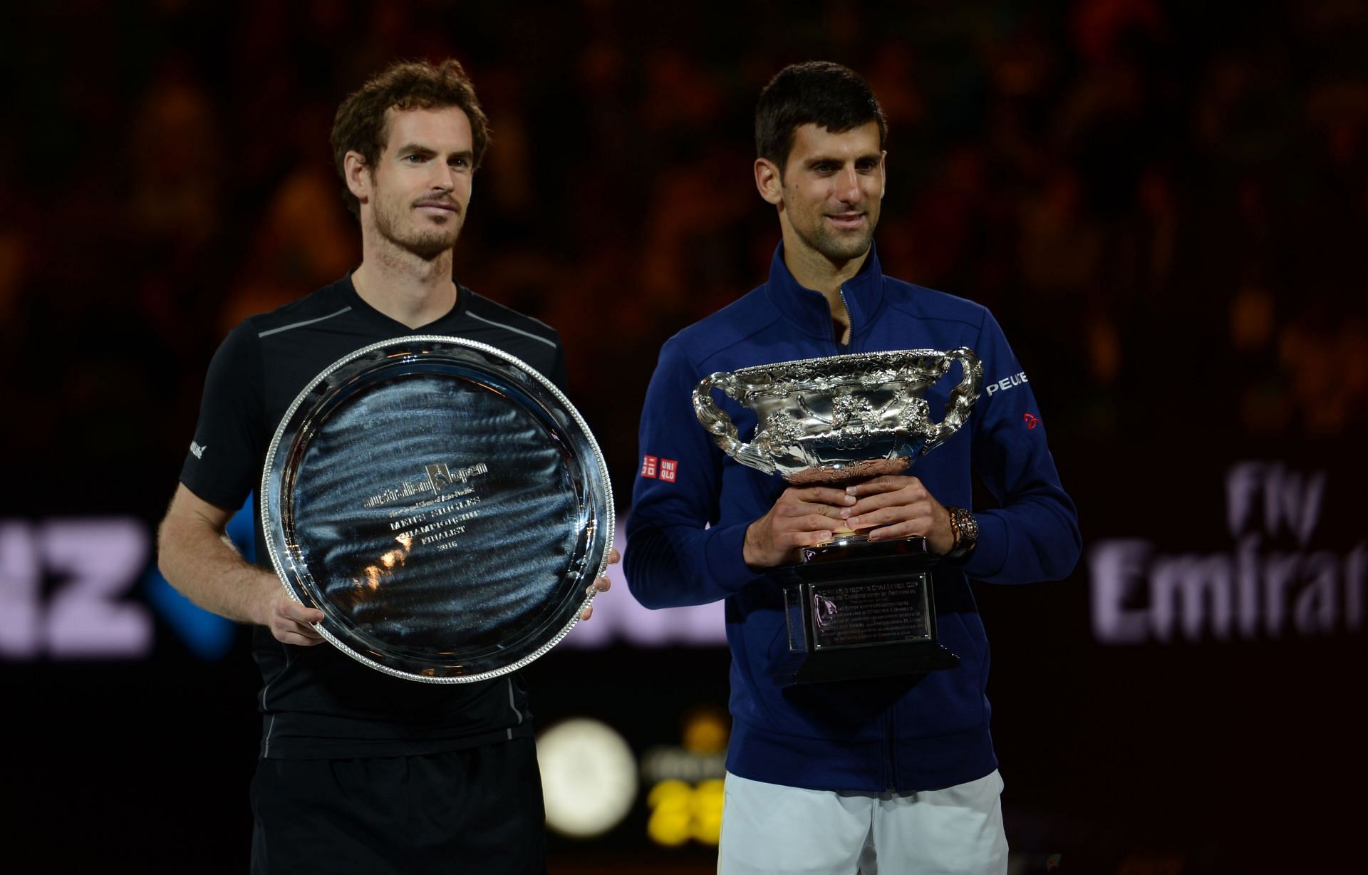 Andy Murray (L) and Novak Djokovic (R) after the men&#039;s singles final of the 2016 Australian Open (Source: Getty)