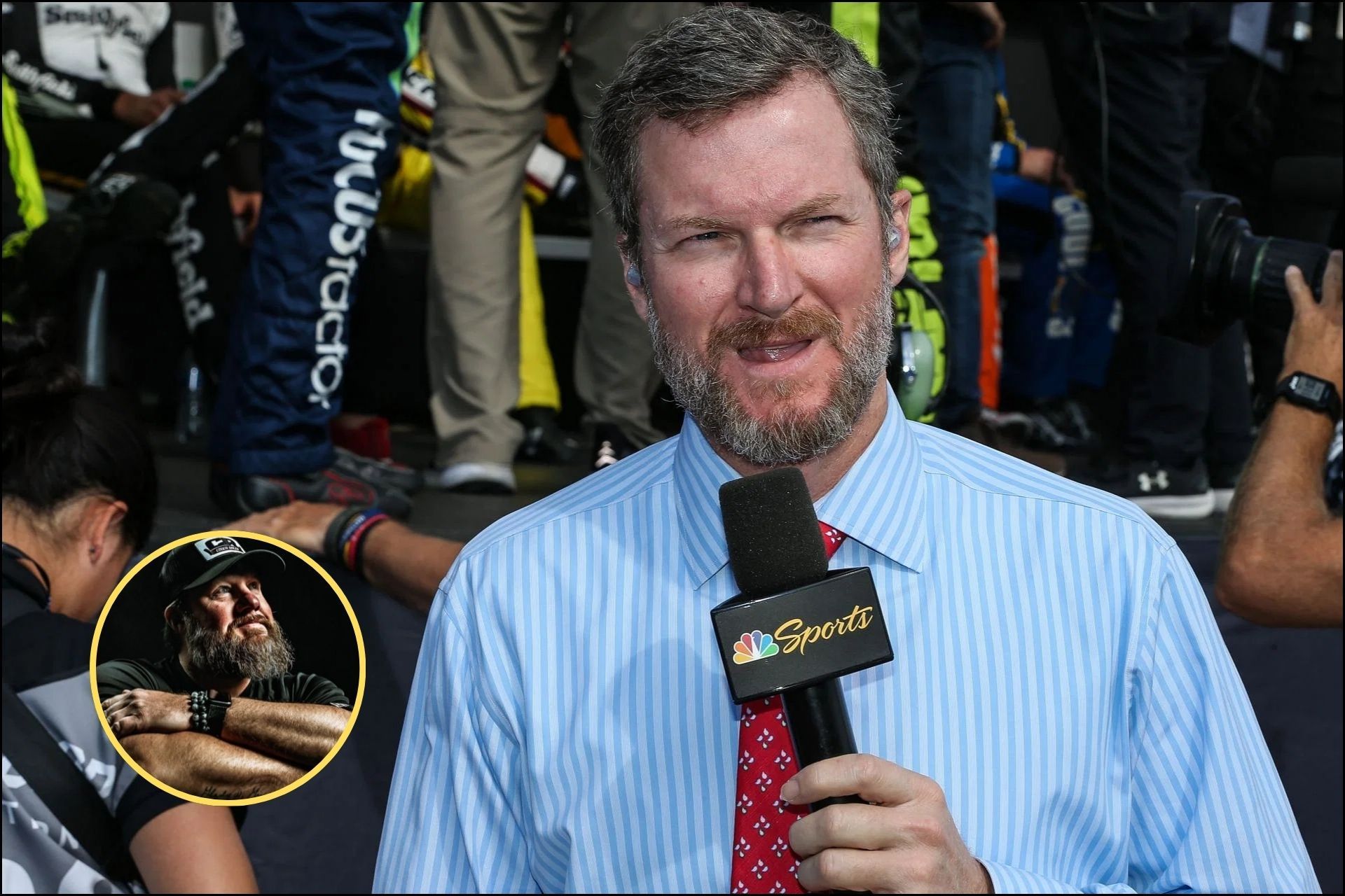 NASCAR world reacts as Dale Earnhardt Jr. backed podcast drops fan-favorite host (Images from @SpotterBrett on X and Getty Images)