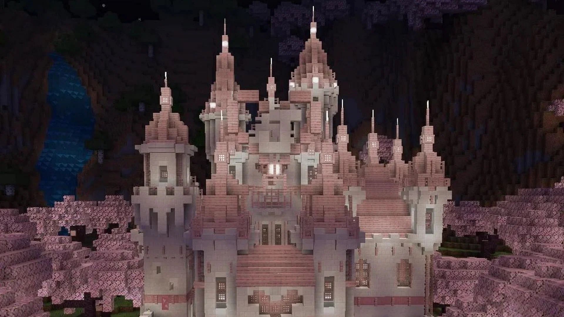 The pink castle build in Minecraft (Image via u/lingtenfirmed/Reddit and Mojang Studios)