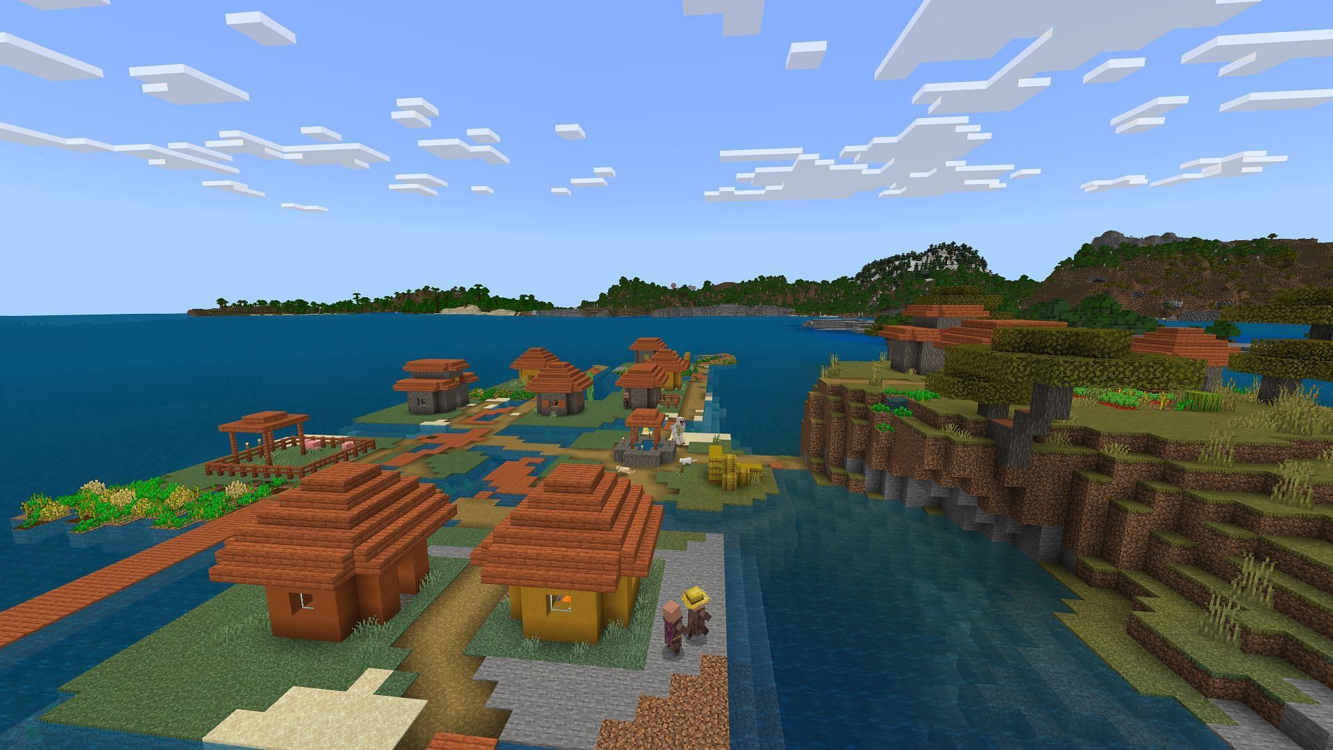 The protection from mobs makes Village by the Sea one of the best Minecraft PE village seeds (Image via Mojang Studios)