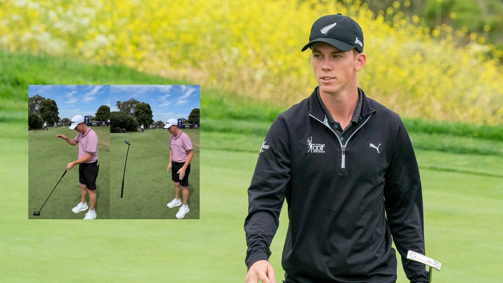 Daniel Hillier&rsquo;s recreates his impressive putter flip from the Australian PGA Championship (Images via Imagn and @DPWorldTour/X)