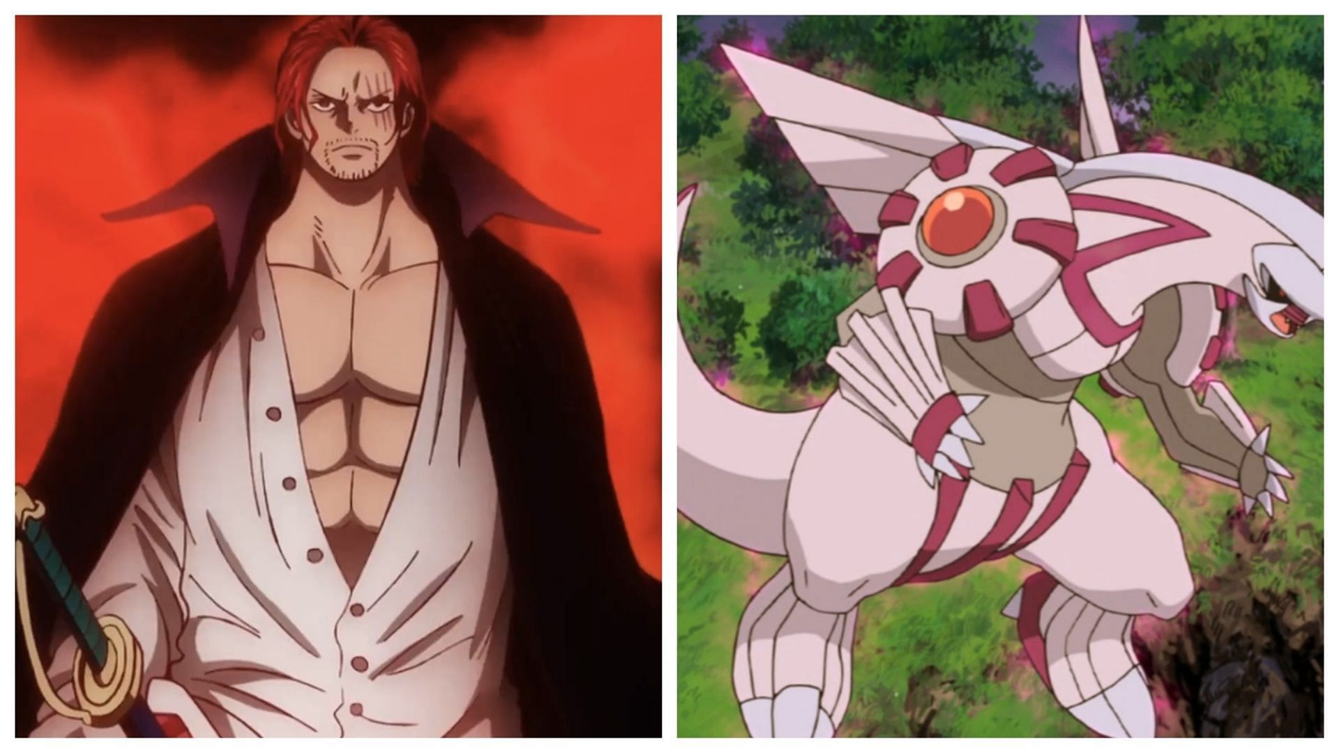 Shanks in One Piece and Palkia in Pok&eacute;mon (Image via Toei Animation/The Pok&eacute;mon Company)