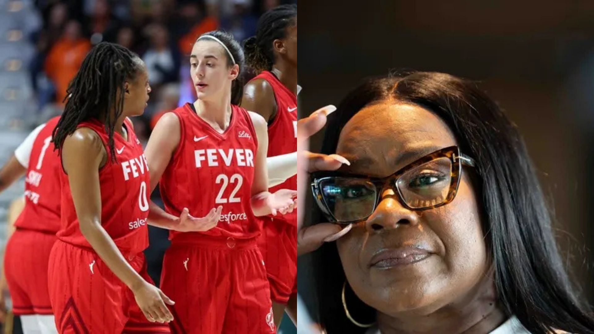 Former WNBA MVP Sheryl Swoopes, Indiana Fever guards Caitlin Clark and Kelsey Mitchell. Photo Credits: Imagn