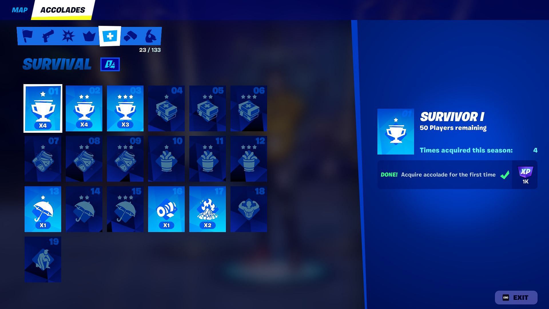 List of all Survival Accolades in Fortnite Chapter 2 Remix (Image via Epic Games)