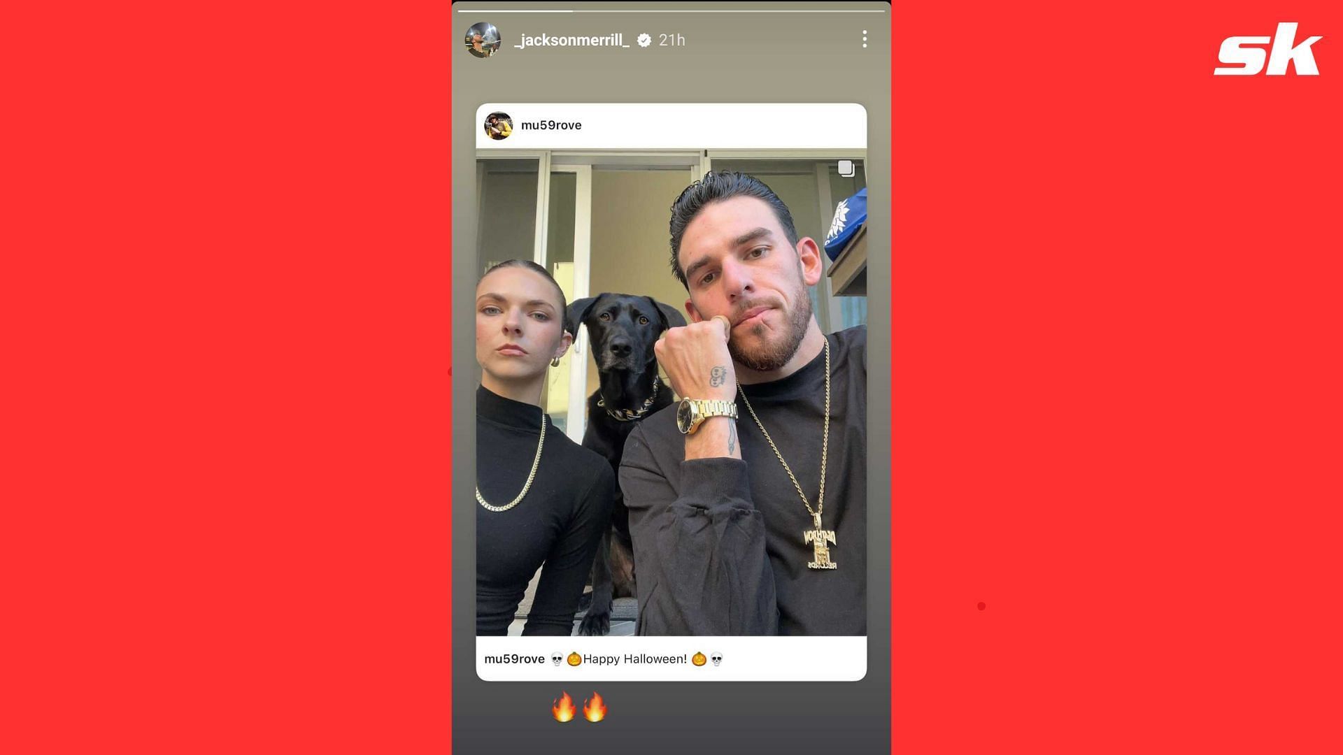 Joe Musgrove and girlfriend Anca showing off their &quot;Death Row Inmates&quot; Halloween outfits, spurring a reaction from Jackson Merrill (image credit: Musgrove&#039;s Instagram)