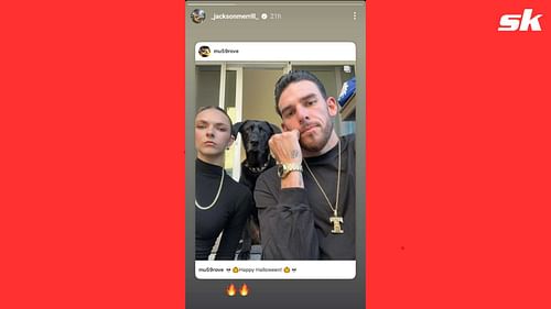 Joe Musgrove and girlfriend Anca showing off their "Death Row Inmates" Halloween outfits, spurring a reaction from Jackson Merrill (image credit: Musgrove's Instagram)