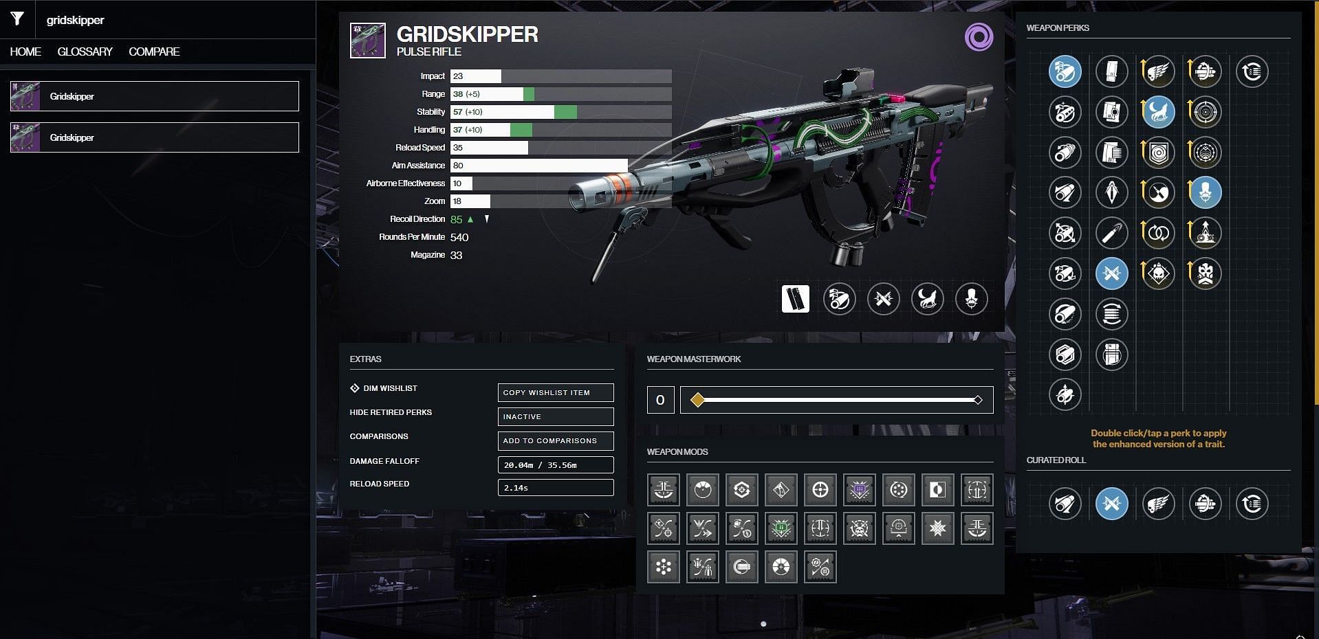 Gridskipper PvP god roll (Image via Bungie/D2Gunsmith)