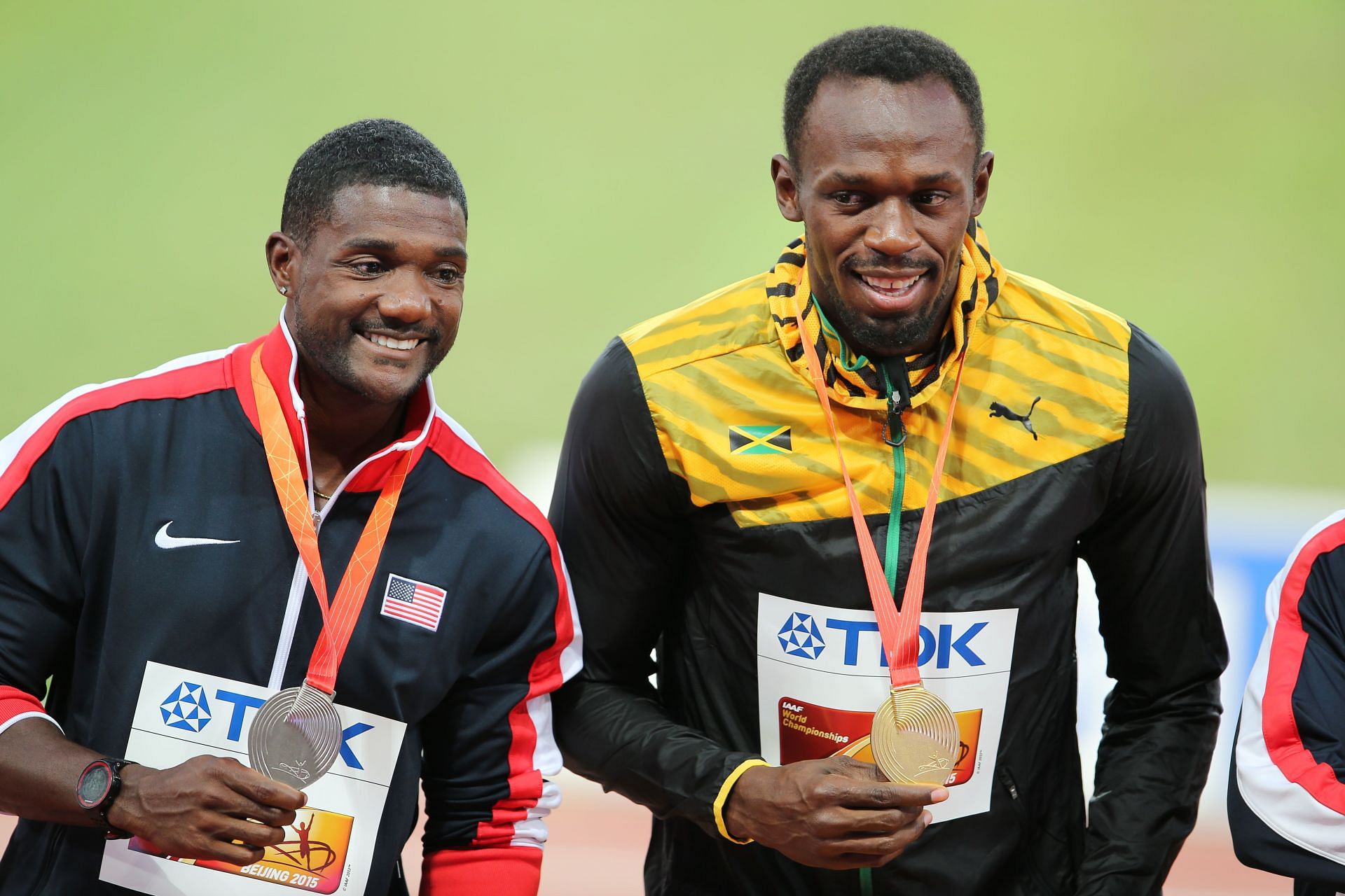 Usain Bolt and Justin Gatlin pose with their medals after winning the men&#039;s 100m final during the 2015 IAAF World Championships at the National Stadium in Beijing, China. (Photo by via Getty Images)