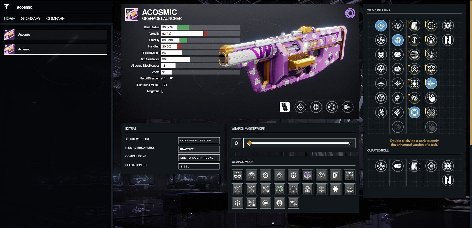 Acosmic PvE god roll in Destiny 2 (Image via Bungie || D2Gunsmith)