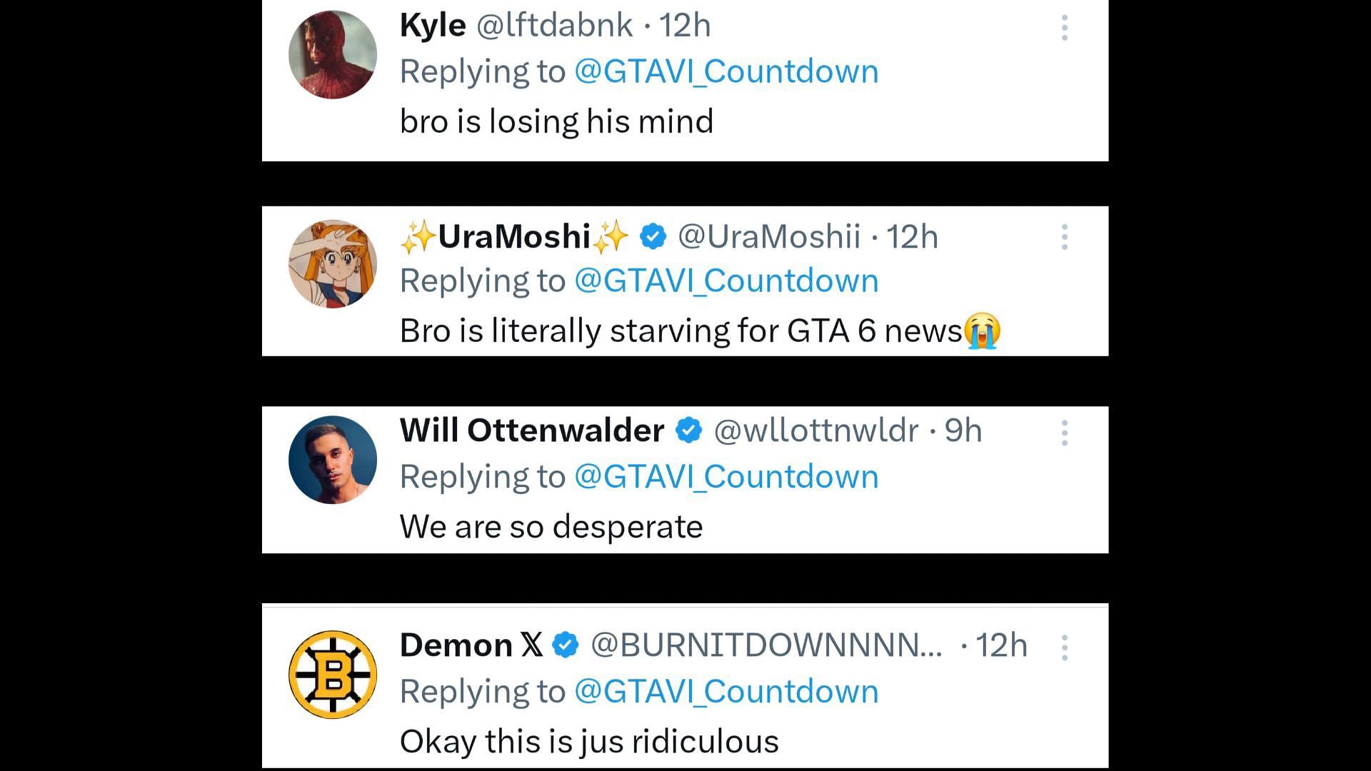 A collage of few comments on @GTAVI_Countdown&#039;s post (Image via X)