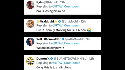 A collage of few comments on @GTAVI_Countdown's post (Image via X)