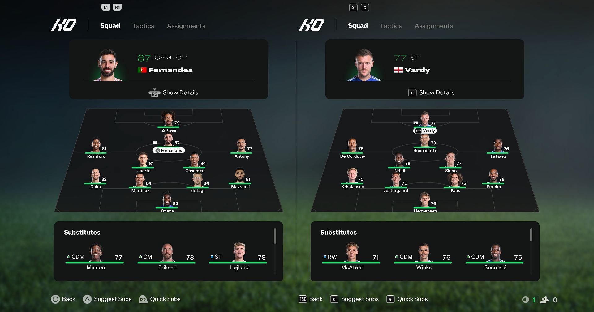 Man United vs Leicester City: Starting XI comparison (Image via EA Sports)