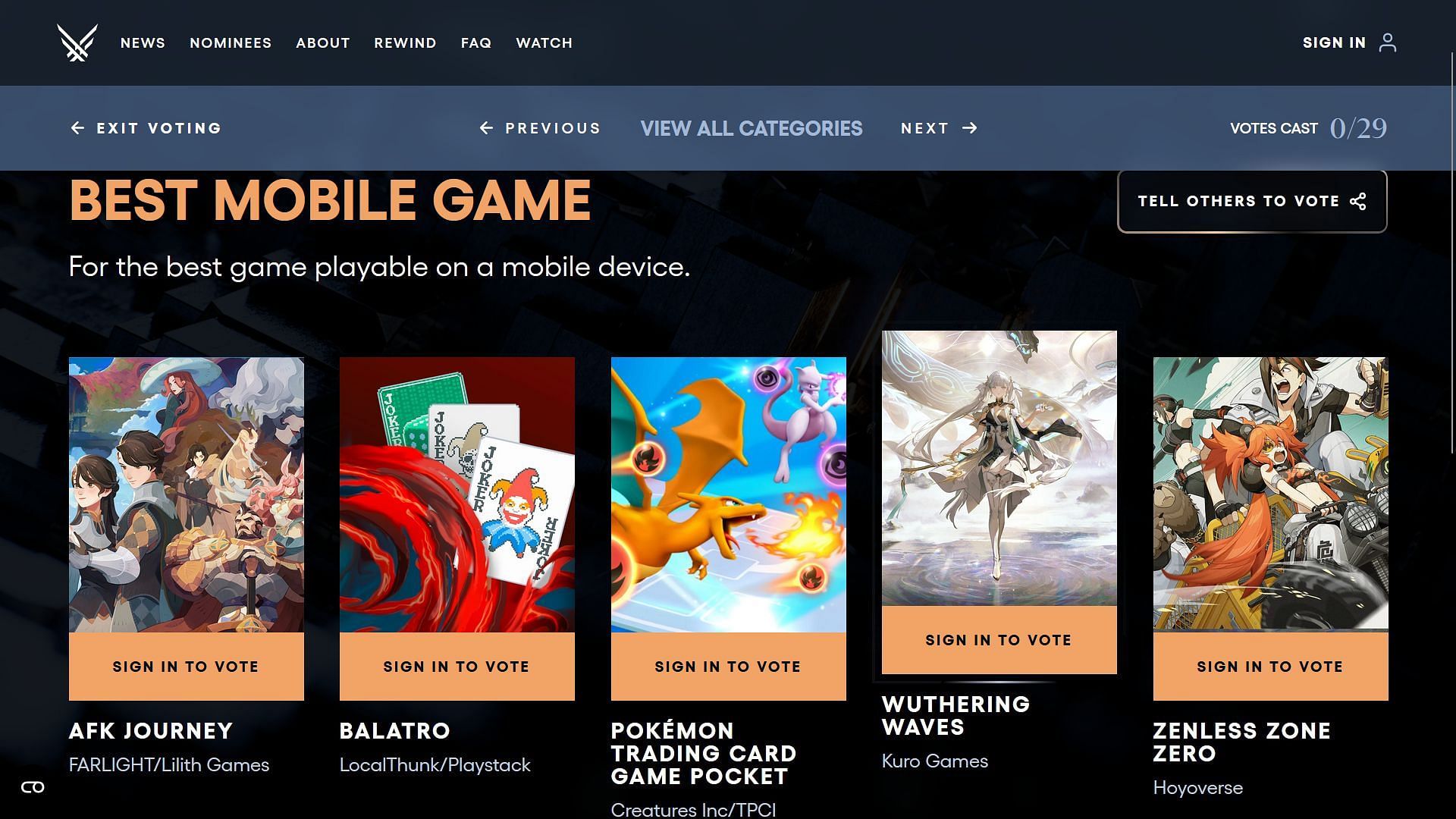 Under Best Mobile Game, choose &quot;Sign in to vote&quot; for Wuthering Waves (Image via The Game Awards)