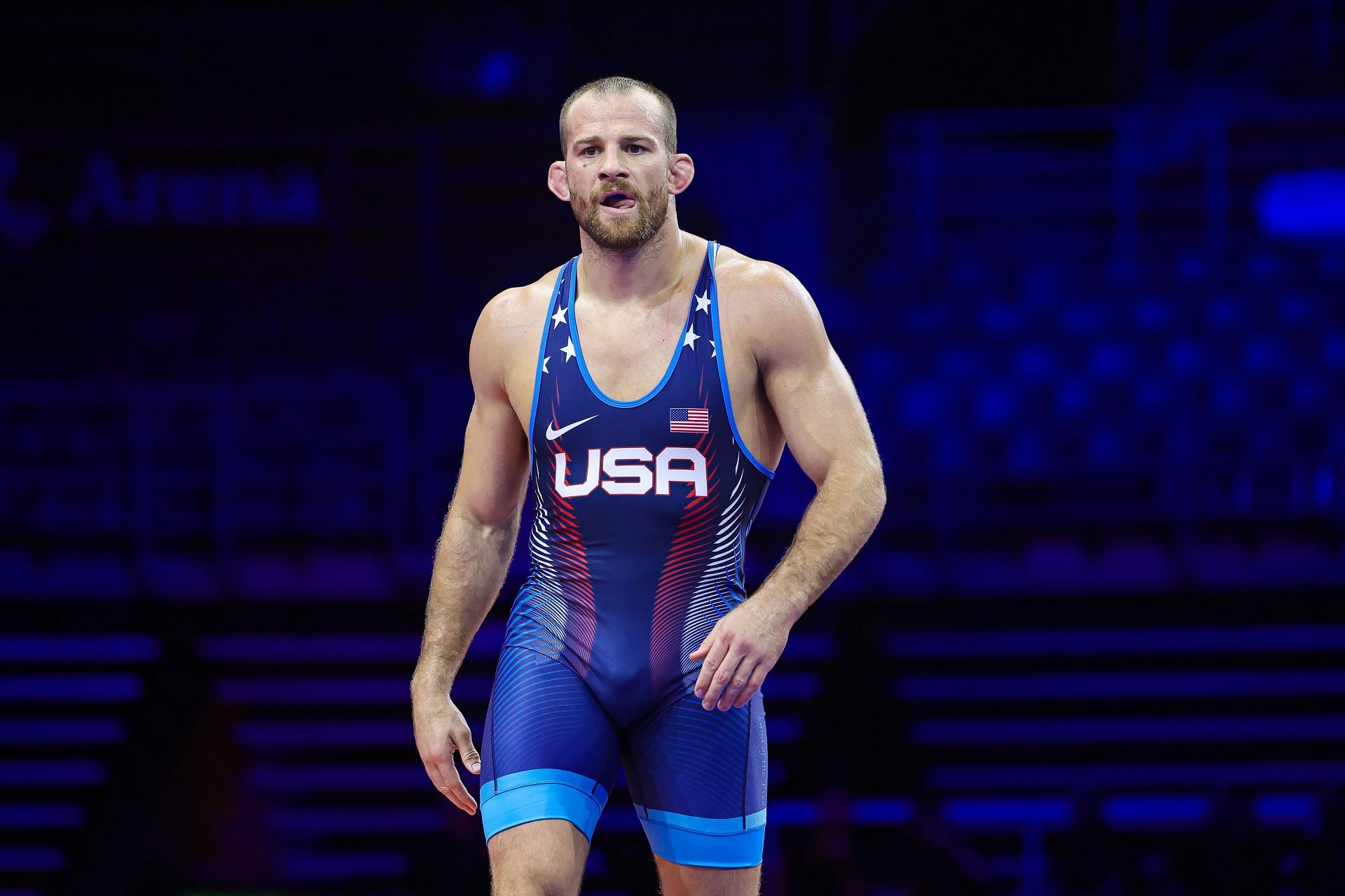 David Taylor in action during the Men&#039;s Freestyle - 86kg weight gold medal match in Belgrade, Serbia. (Photo by Getty Images)