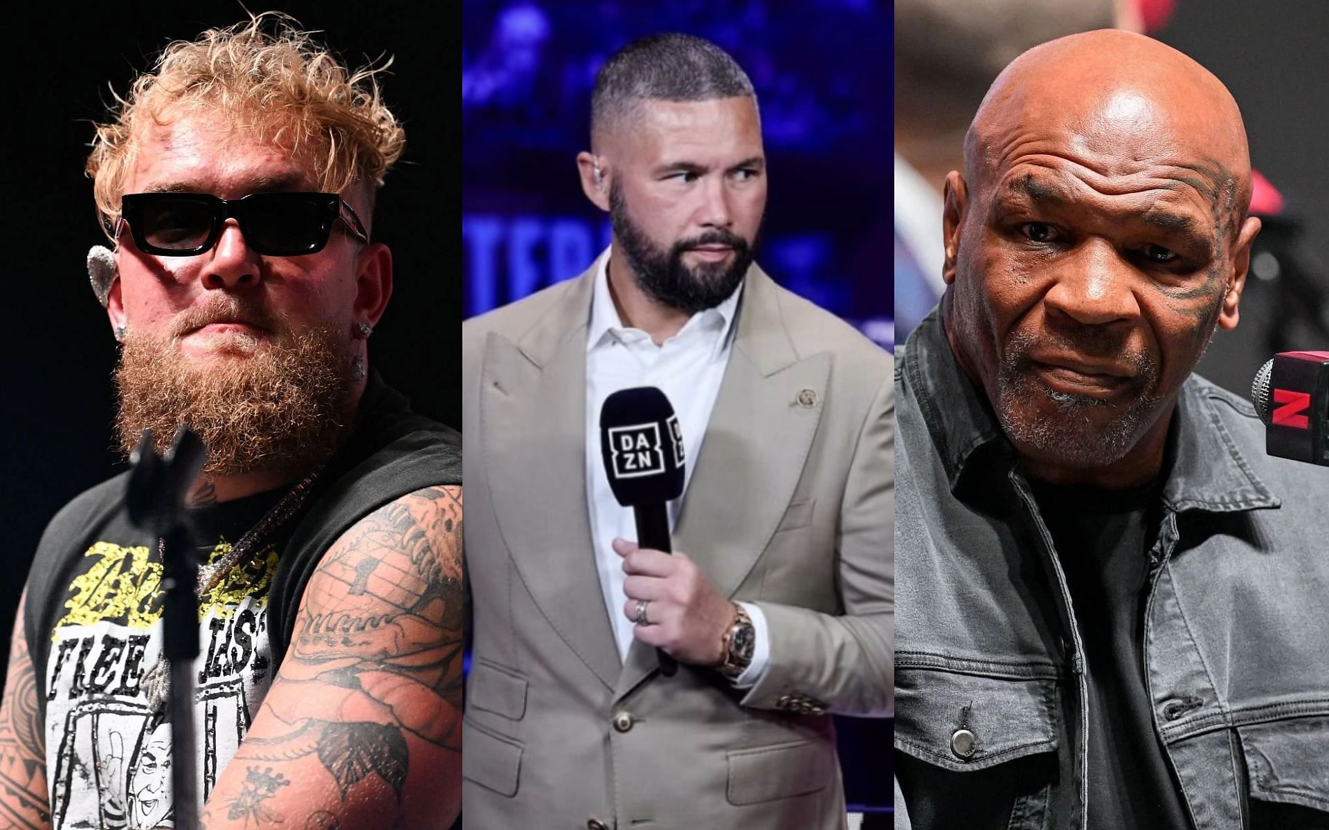 Tony Bellew (middle) reacts to being escorted out of Jake Paul (left) and Mike Tyson (right) press conference [Images courtesy: Getty Images, @tonybellew on Instagram]