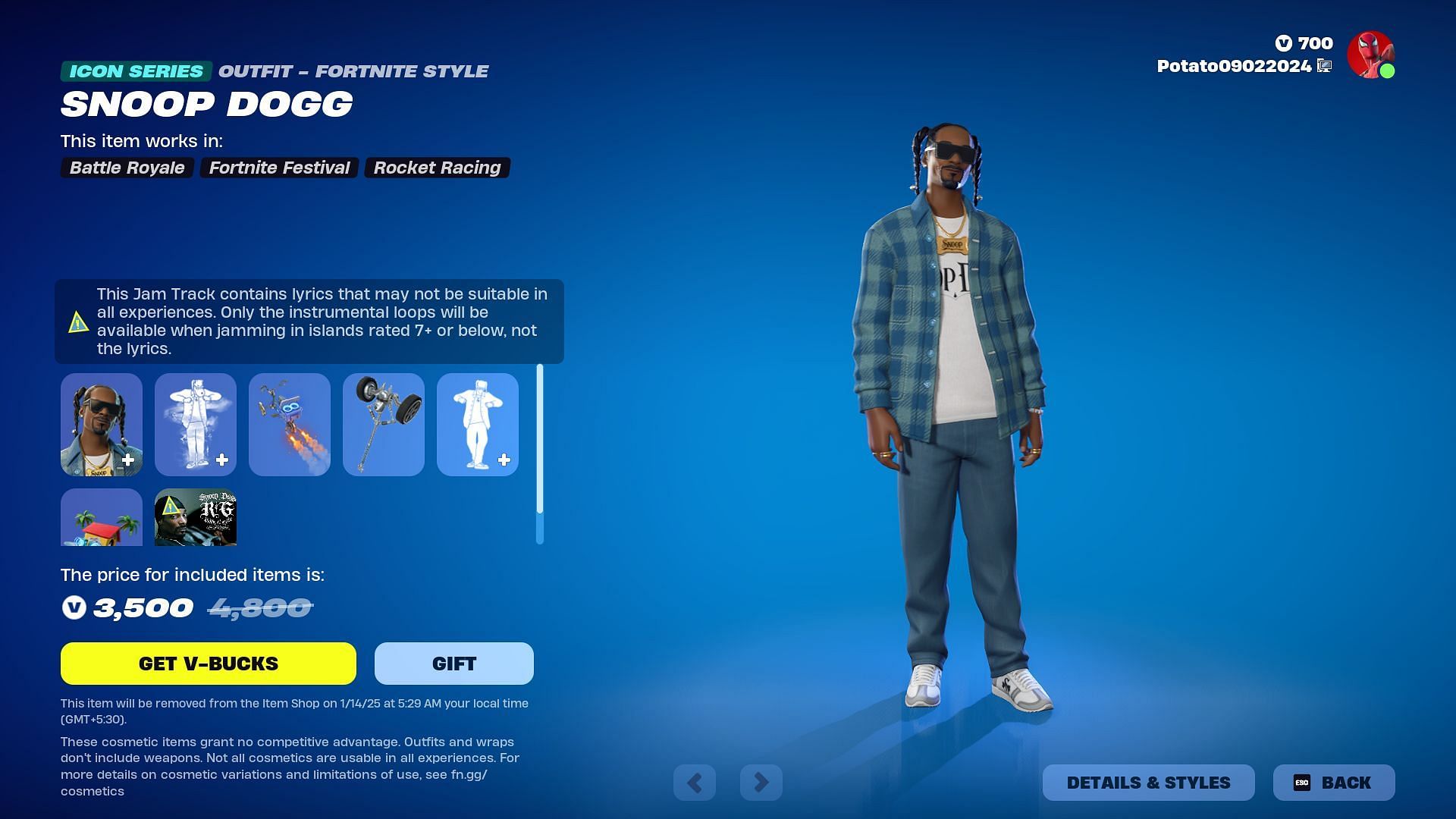 The Snoop Dogg skin in Fortnite will remain listed until January 14, 2025 (Image via Epic Games)