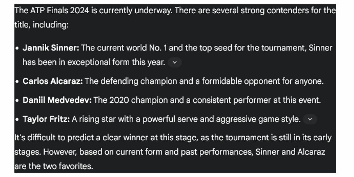 Google&#039;s Gemini AI&#039;s prediction about the ATP Finals 2024 title contenders.