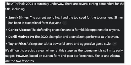 Google's Gemini AI's prediction about the ATP Finals 2024 title contenders.