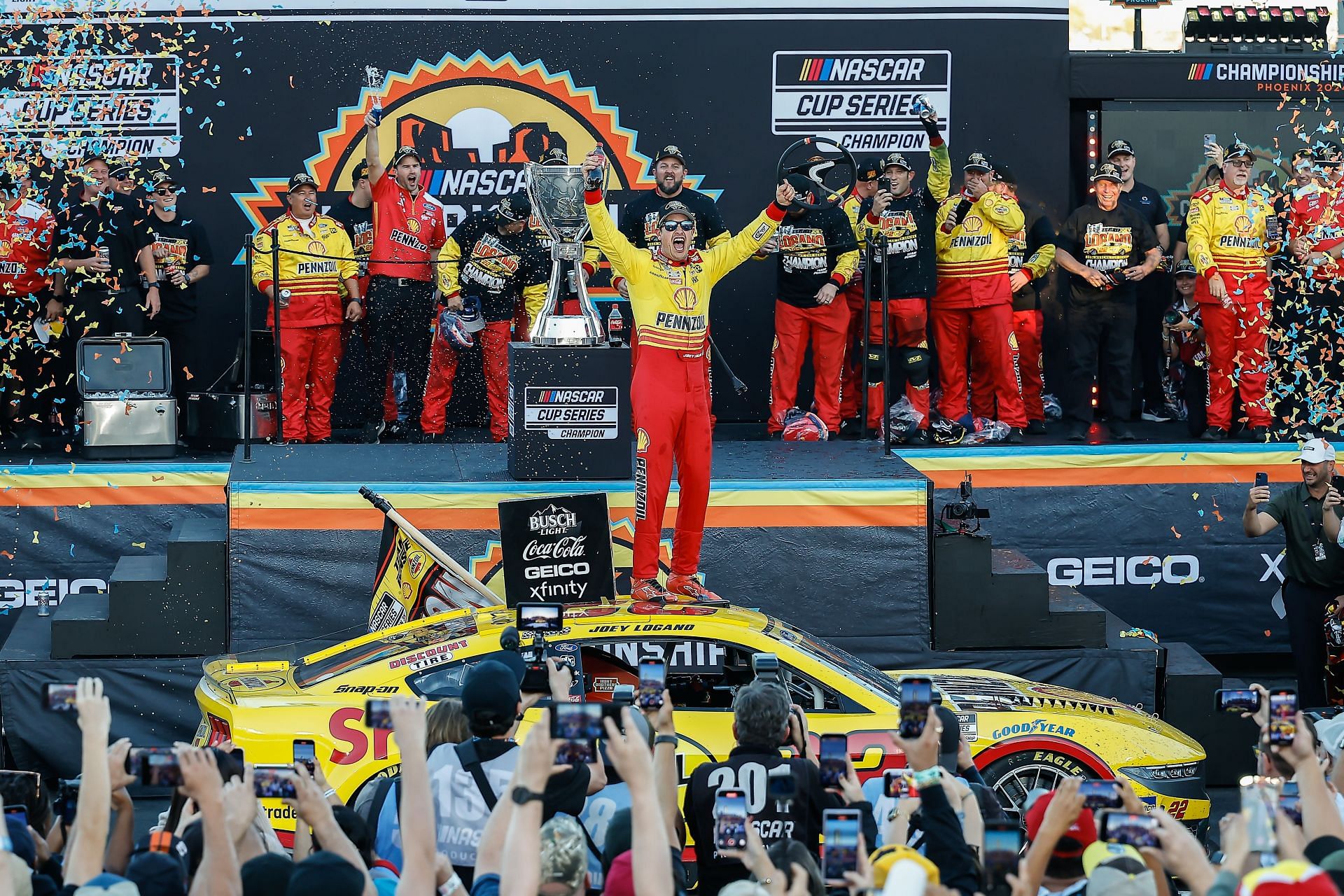 NASCAR Cup Series driver Joey Logano (22) celebrates after winning the 2024 NASCAR Cup Series championship (Source: Getty Images)