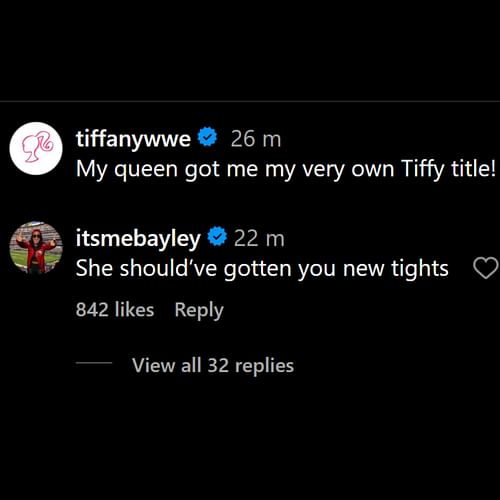 Bayley's comment on Tiffany Stratton's Instagram post.