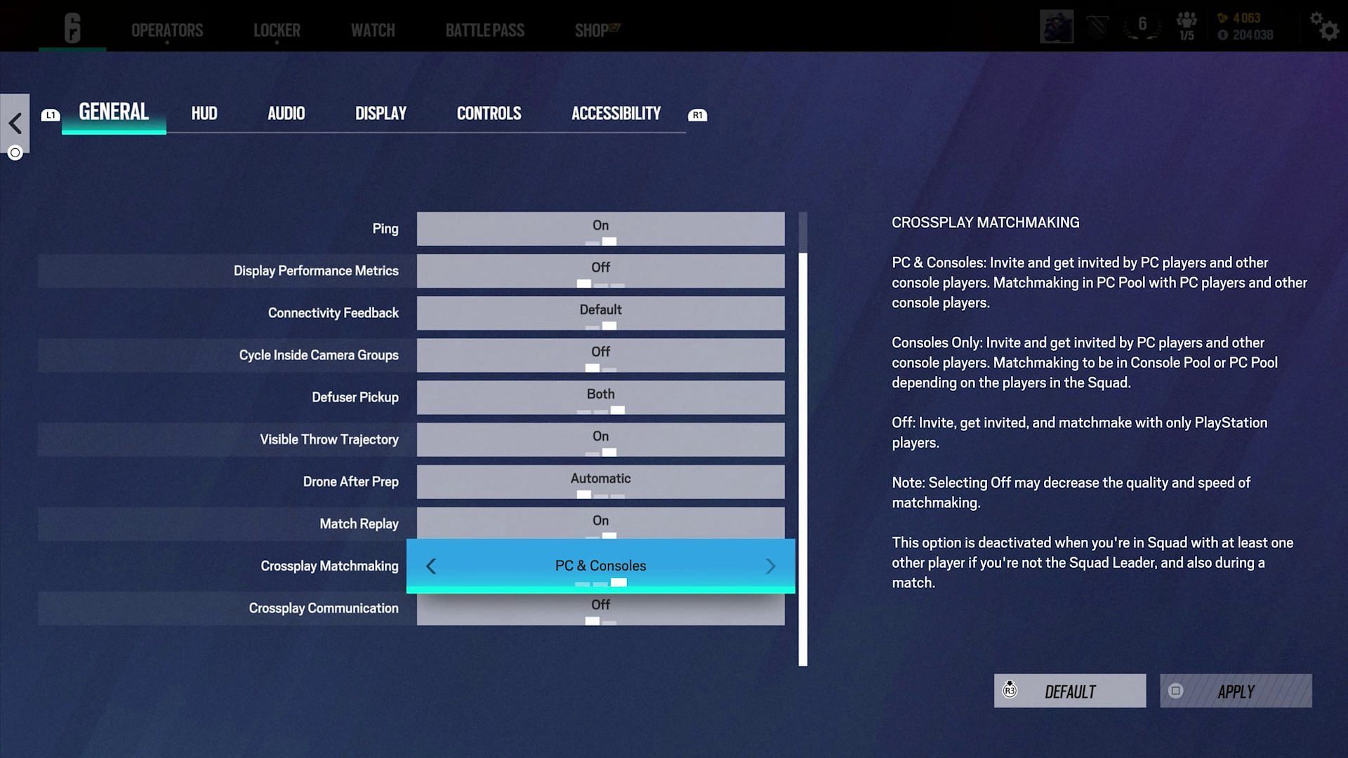 Settings menu to enable PC-console crossplay in Rainbow Six Siege (Image via Ubisoft)