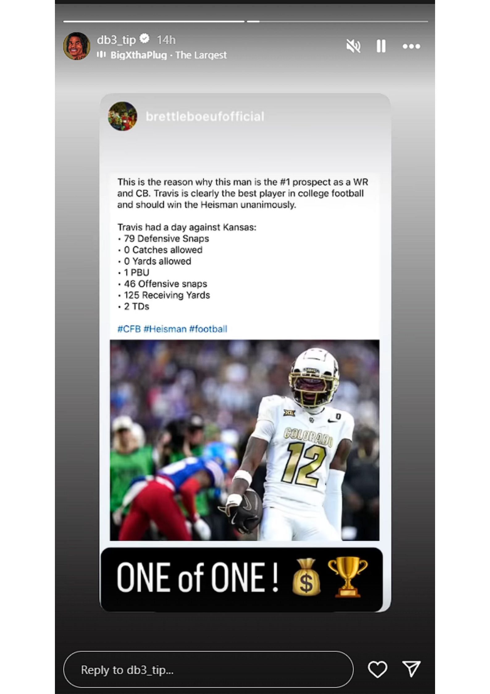 Travis Hunter reshares a fan&#039;s story about his stats against Kansas (Source: Travis Scott&#039;s Instagram)