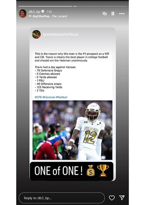 Travis Hunter reshares a fan's story about his stats against Kansas (Source: Travis Scott's Instagram)