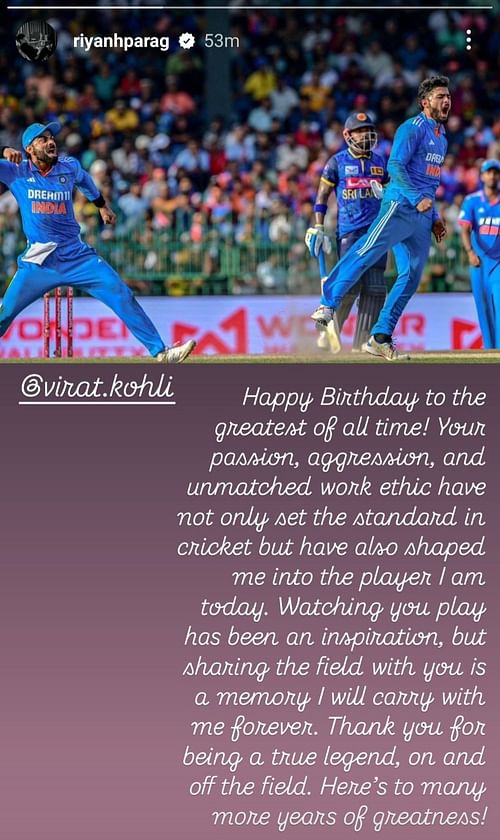 Riyan Parag shares heartfelt message for Virat Kohli (Image via Instagram-@riyanhparag)