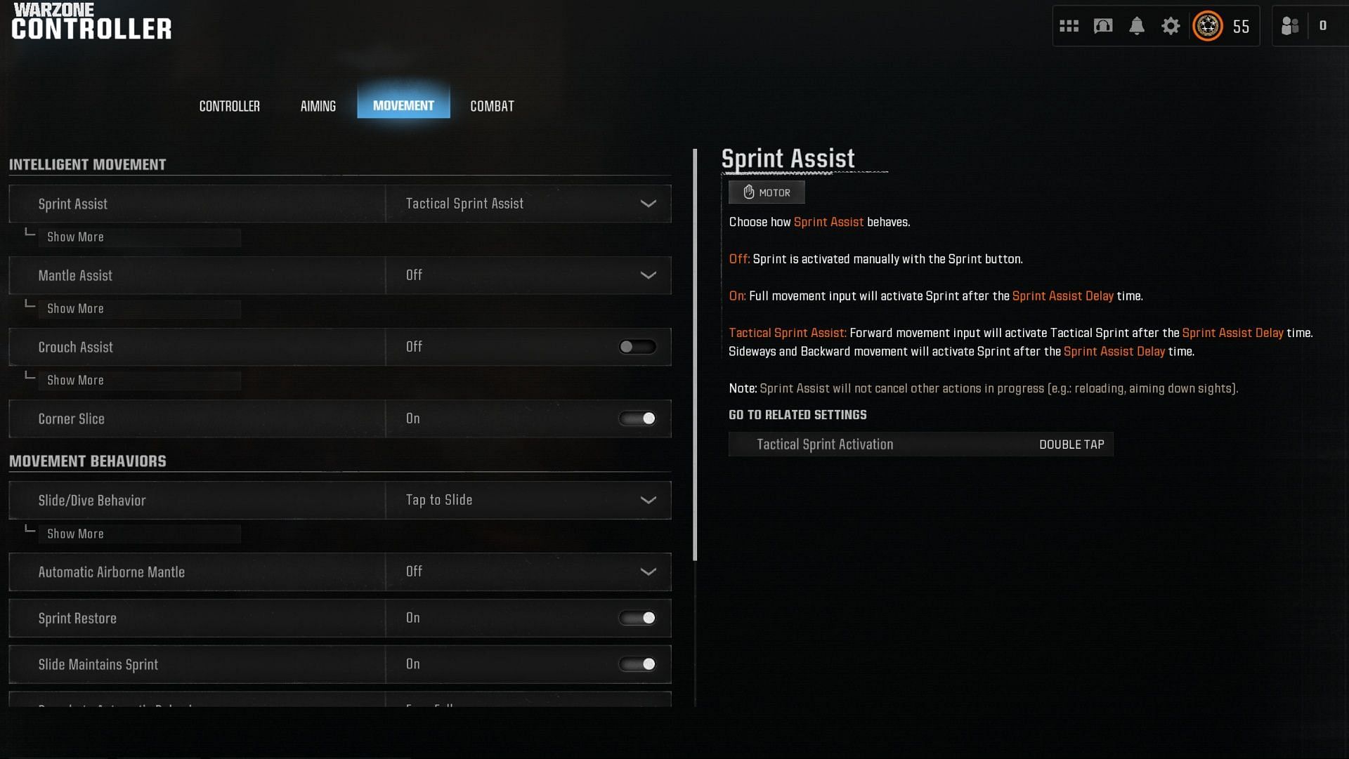 Warzone Movement settings (Image via Activision)