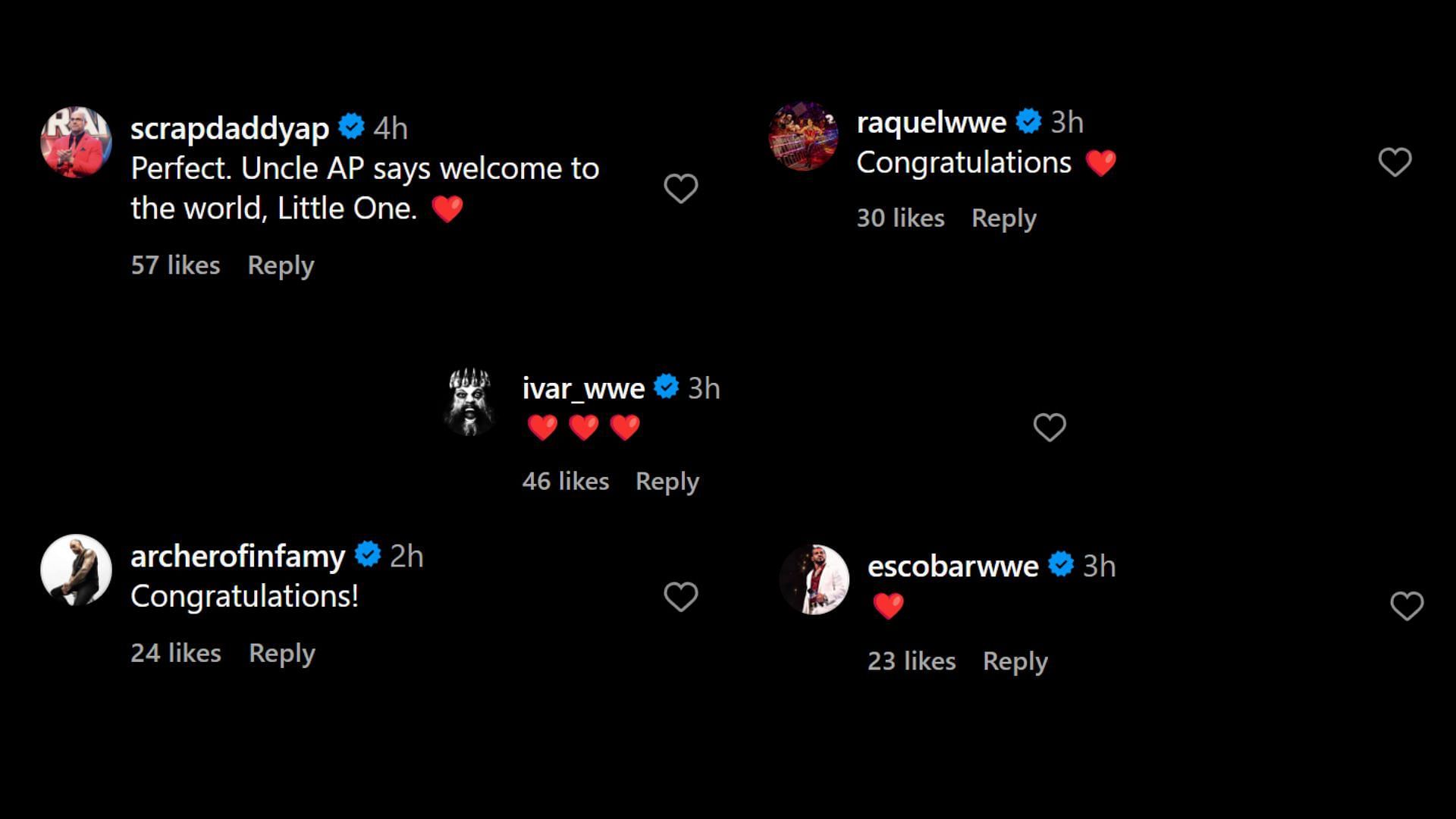 WWE Superstars react to Erik&#039;s post.[Photo credit: Screenshot of comments on Ivar&#039;s Instagram post]