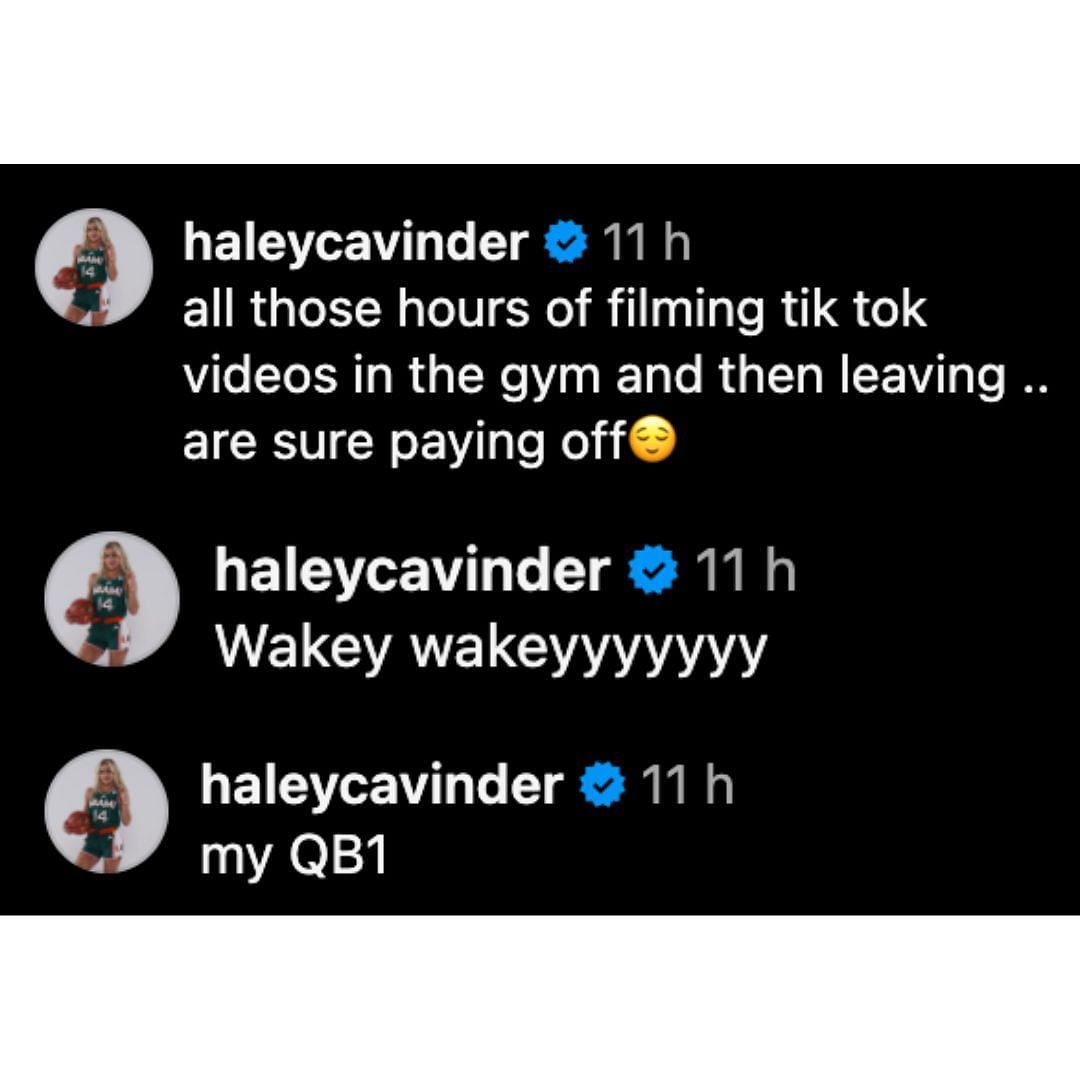 Screenshot of Haley Cavinder&#039;s comments on Hanna Cavinder&#039;s post (Credits: Instagram@hanna.cavinder)