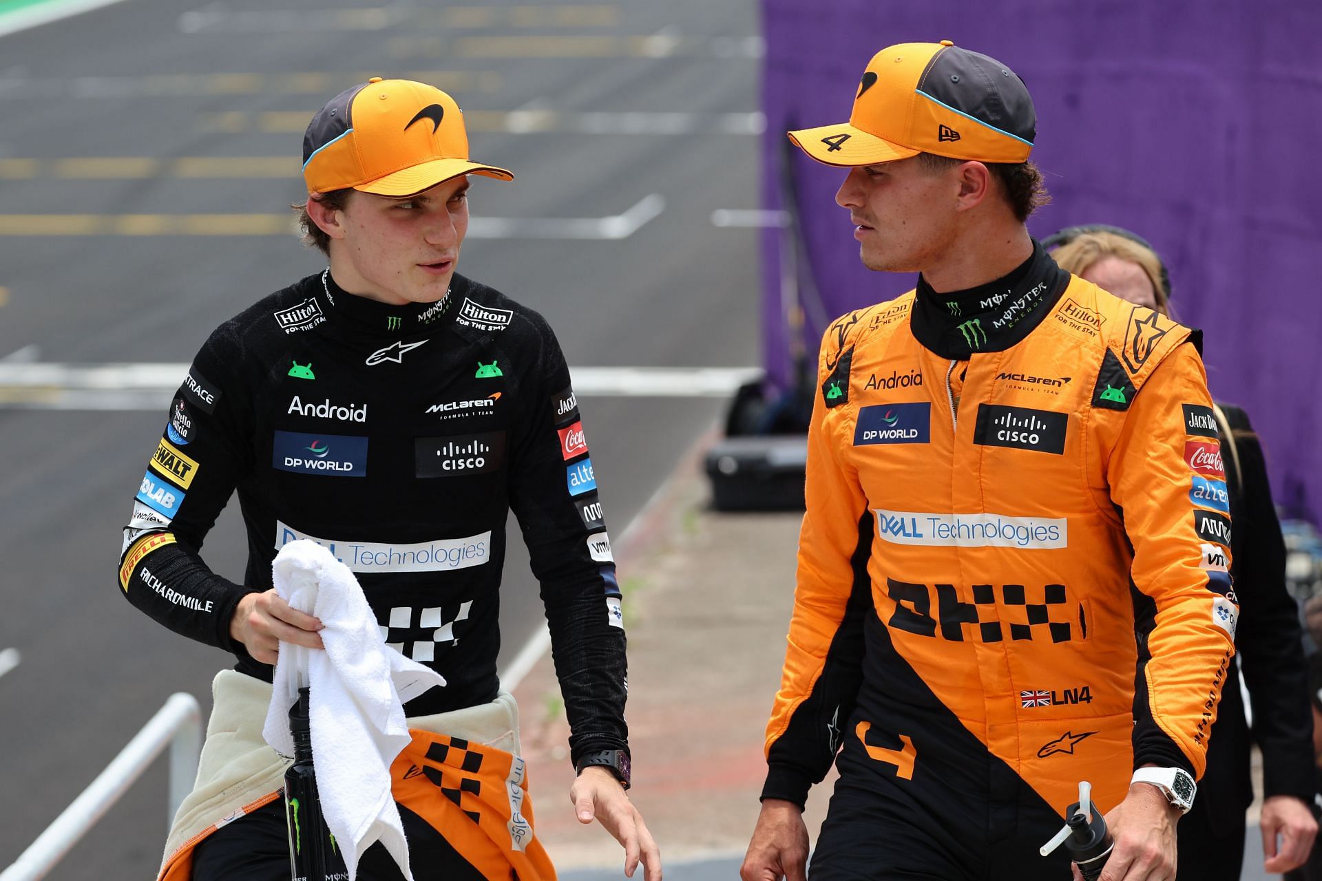 Lando Norris of Great Britain and McLaren and Oscar Piastri of Australia and McLaren. Credit: Getty Images