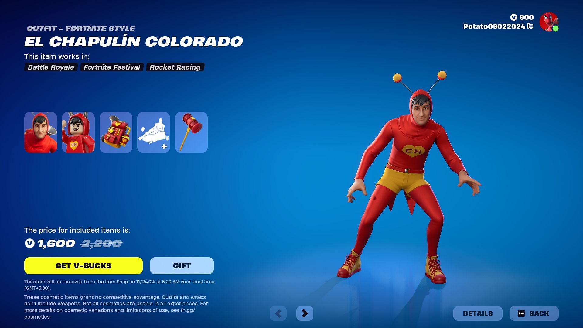 The El Chapul&iacute;n Colorado skin in Fortnite will remain listed until November 24, 2024 (Image via Epic Games)