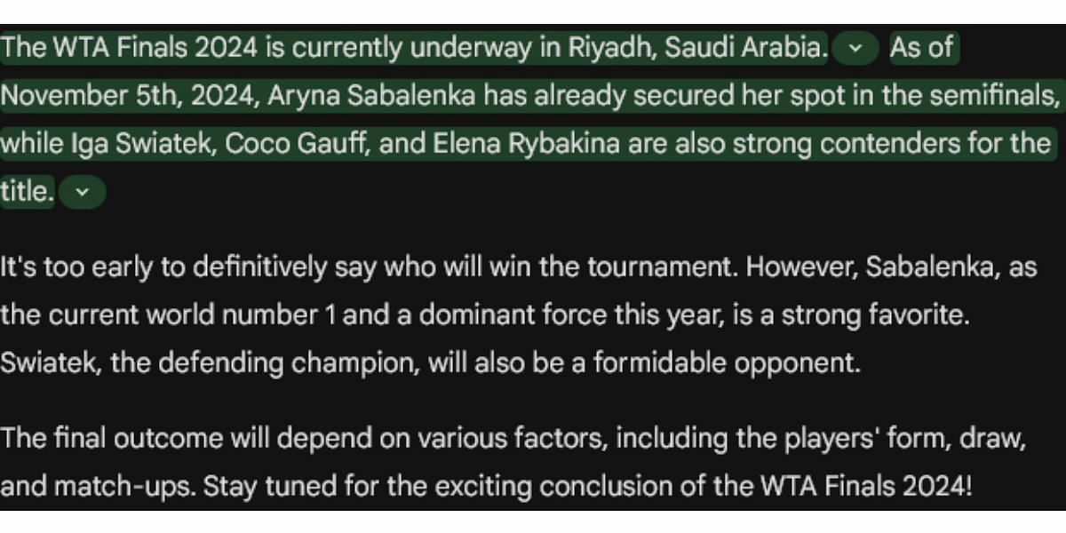 Google&#039;s Gemini AI&#039;s prediction about the WTA Finals 2024.