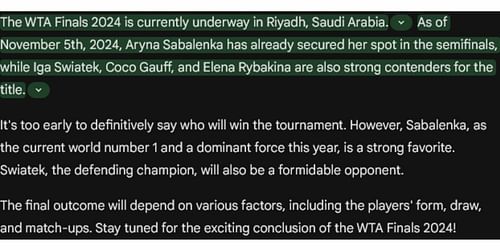 Google's Gemini AI's prediction about the WTA Finals 2024.