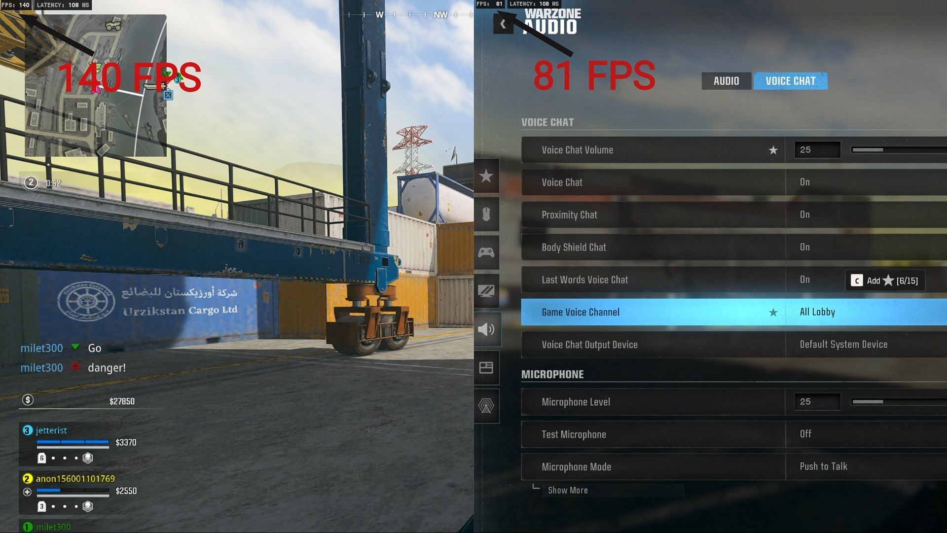 Switching the voice chat to &#039;All Lobby&#039; reduces the FPS from 140 to 81 (Image via Activision)