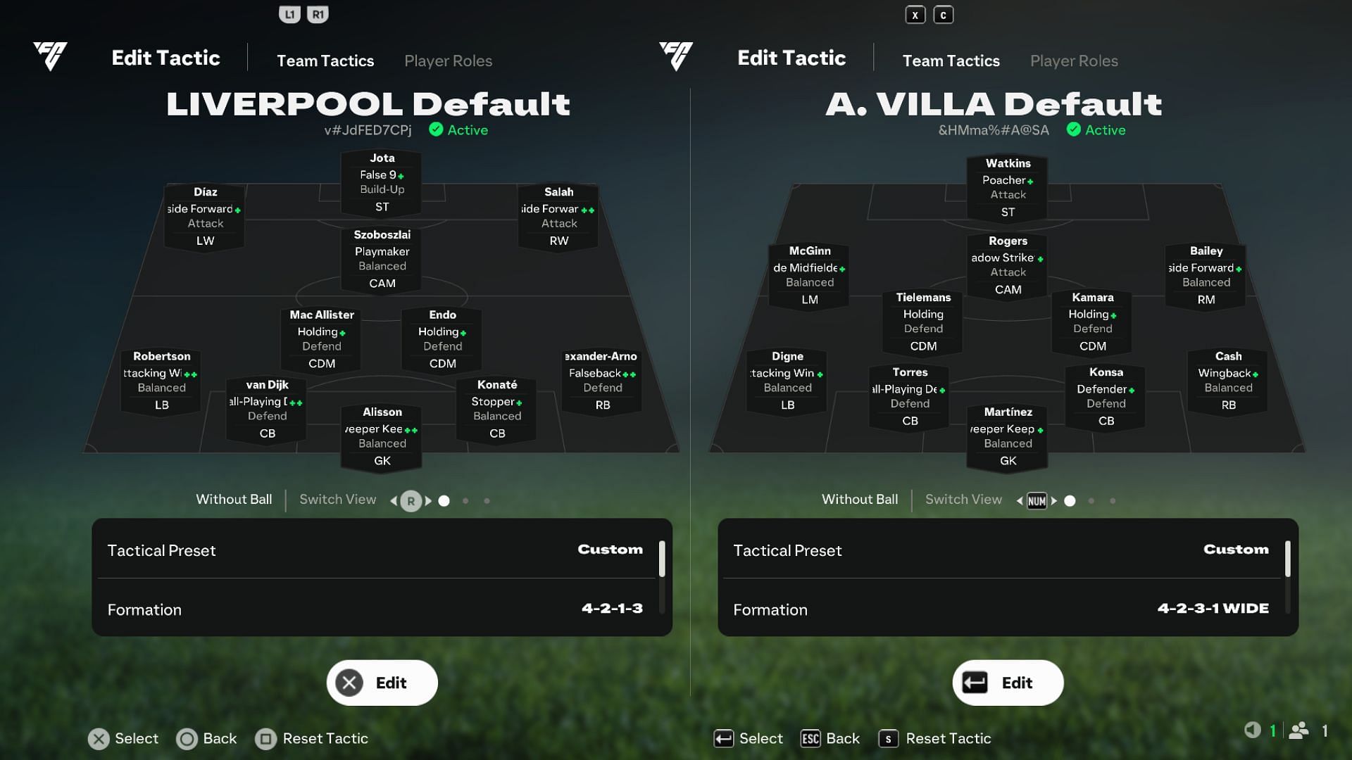 Liverpool vs Aston Villa: Player Roles (Image via EA Sports)