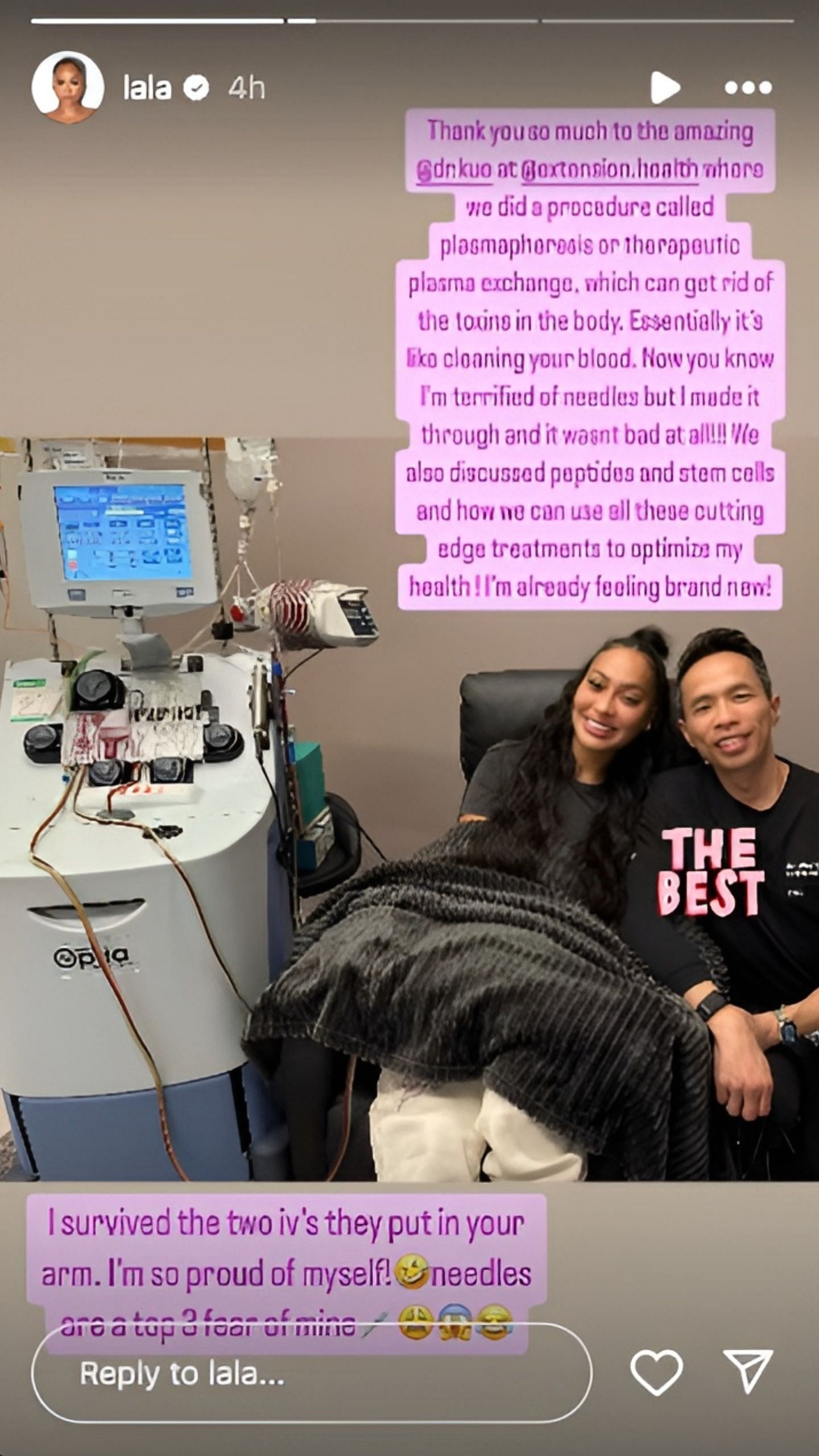 La La Anthony&#039;s IG story after therapeutic plasma exchange [Credit: IG/@lala]