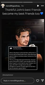 Johnny Gaudreau's wife Meredith IG story