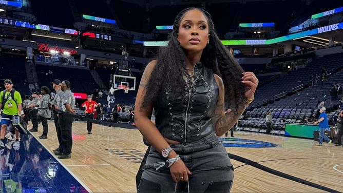 PICS: Anthony Edwards' girlfriend Jeanine Robel steals spotlight with ANT diamond chain and faux fur look at Wolves game