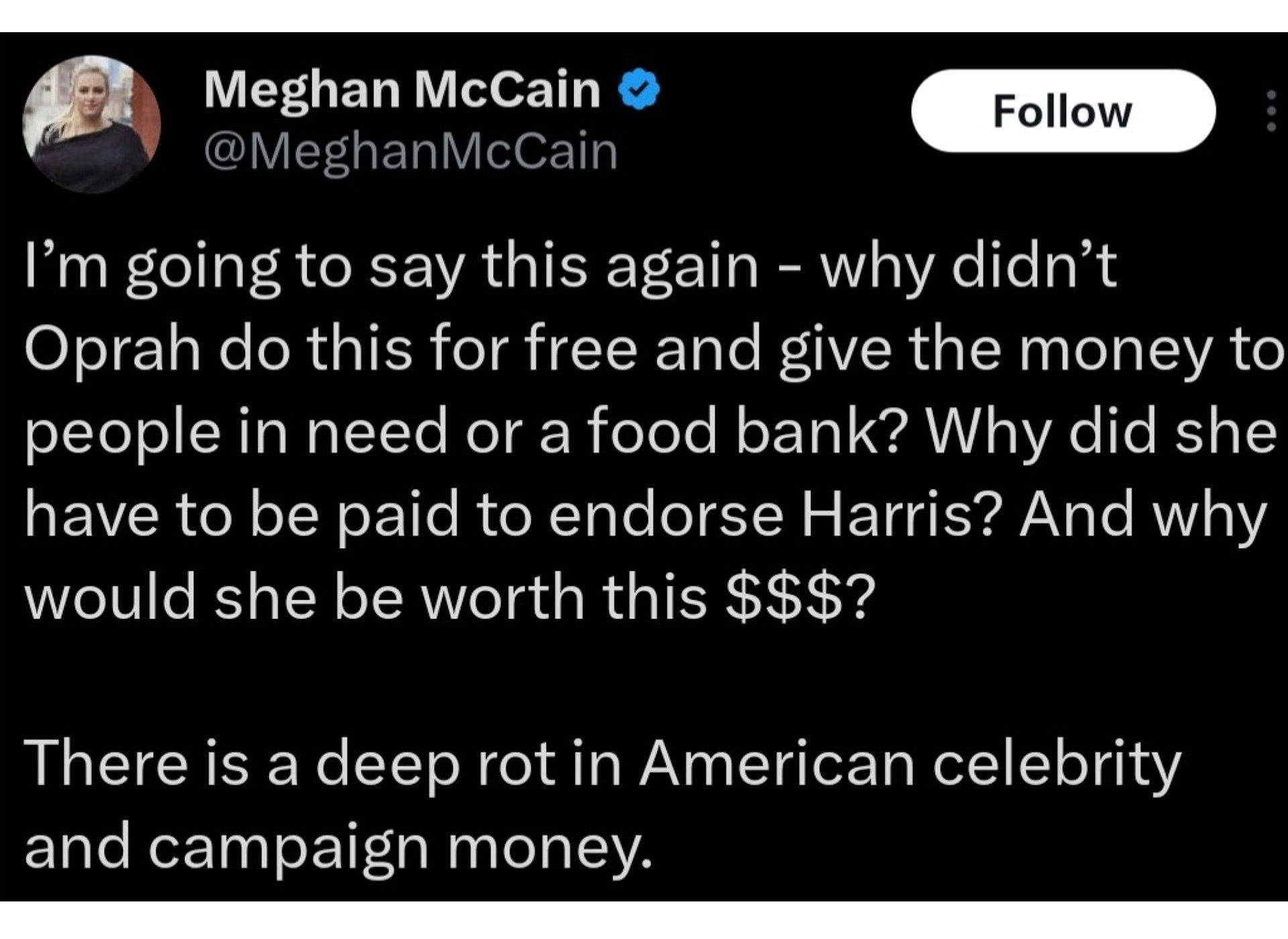 Meghan McCain&#039;s tweet related to alleged payments made to Oprah Winfrey, (Photo via @MeghanMcCain/X)