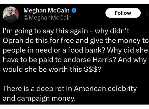 Meghan McCain's tweet related to alleged payments made to Oprah Winfrey, (Photo via @MeghanMcCain/X)