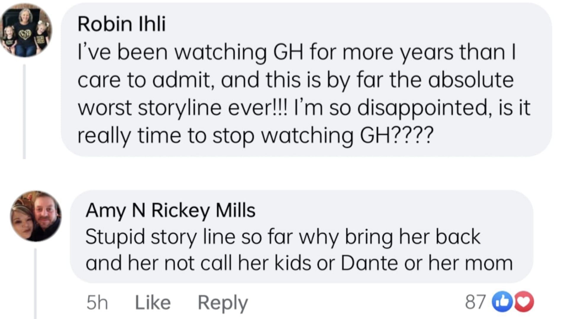 Screenshot of comments (Image via Facebook / General Hospital)