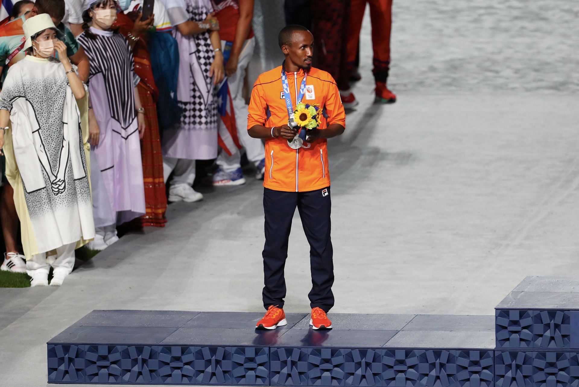 Nageeye in the Men&#039;s Marathon medal ceremony during the Tokyo 2020 Olympic Games. (Photo via Getty Images)