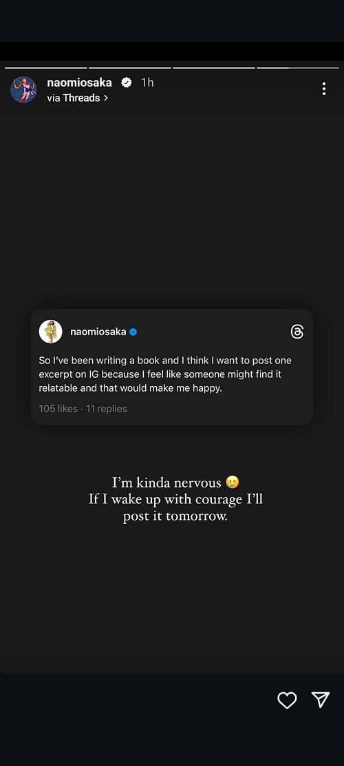 Naomi Osaka's Instagram story featuring her Threads post about writing a new book (@NaomiOsaka)