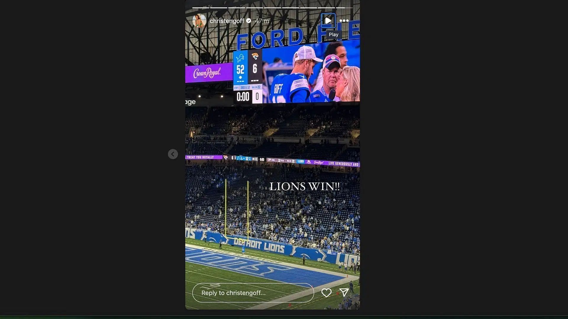 Lions star Jared Goff's wife Christen Harper celebrates team's Week 12 win vs Jags [Image credit: @christengoff IG]