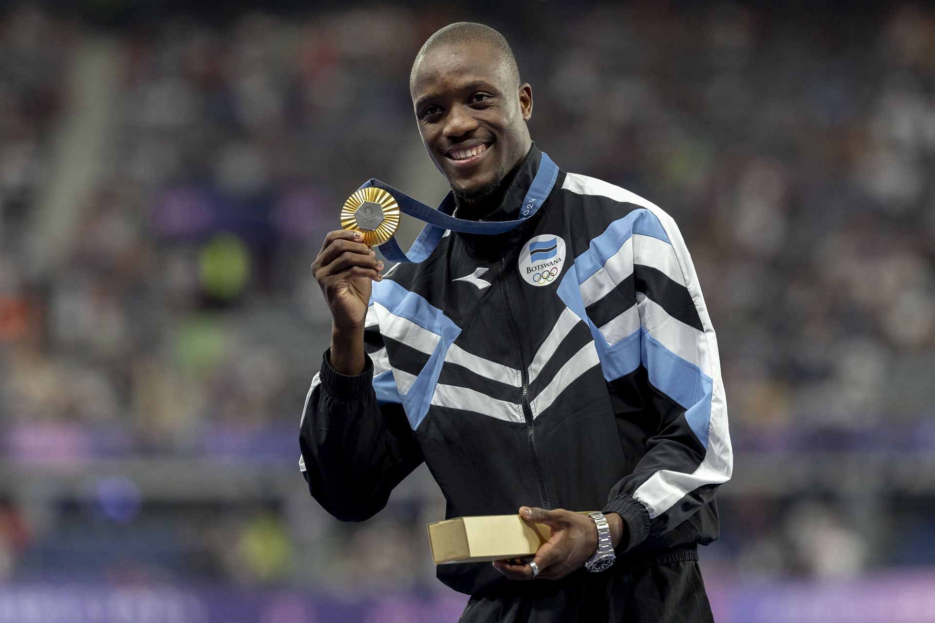 Letsile Tebogo of Botswana during the medal ceremony for the Mens 200m Final at the Olympic Games 2024 in Paris, France. (Photo by Getty Images)