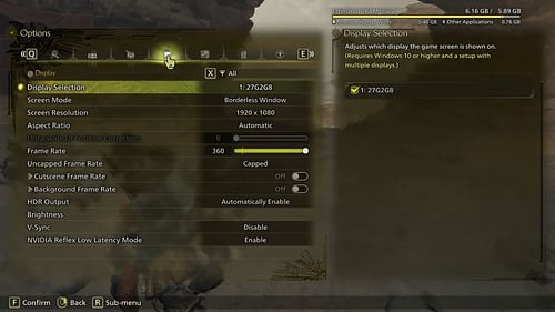 Monster Hunter Wilds Display settings page (Image via Capcom)