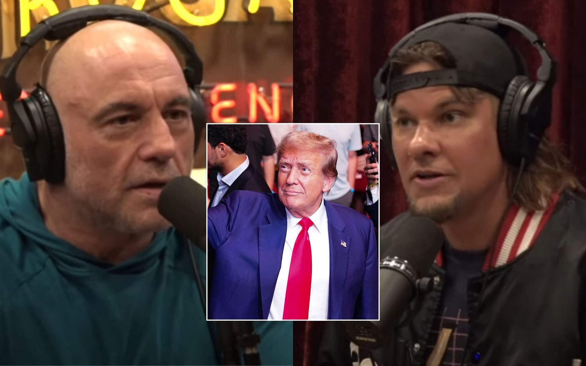 Theo Von discusses his podcast episode with Donald Trump  [Image courtesy: PowerfulJRE - YouTube, and Getty Images]