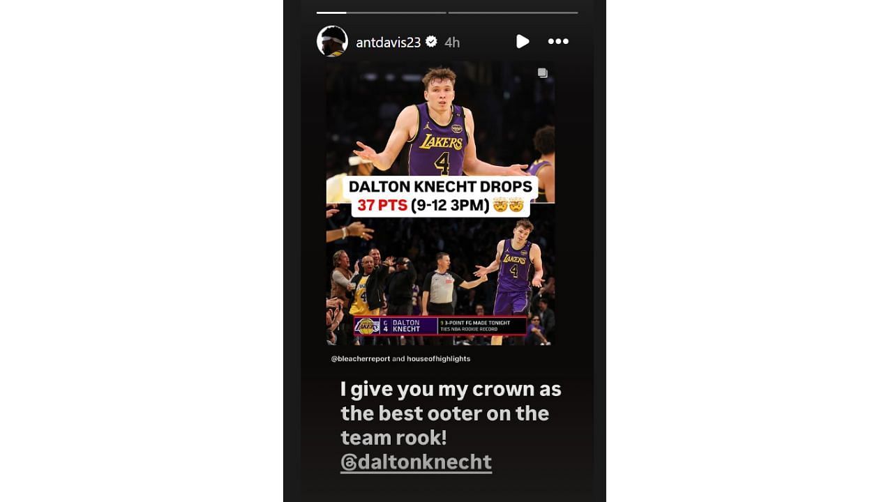 Anthony Davis giving Dalton Knecht his props on Instagram. [photo: @antdavis23/IG]